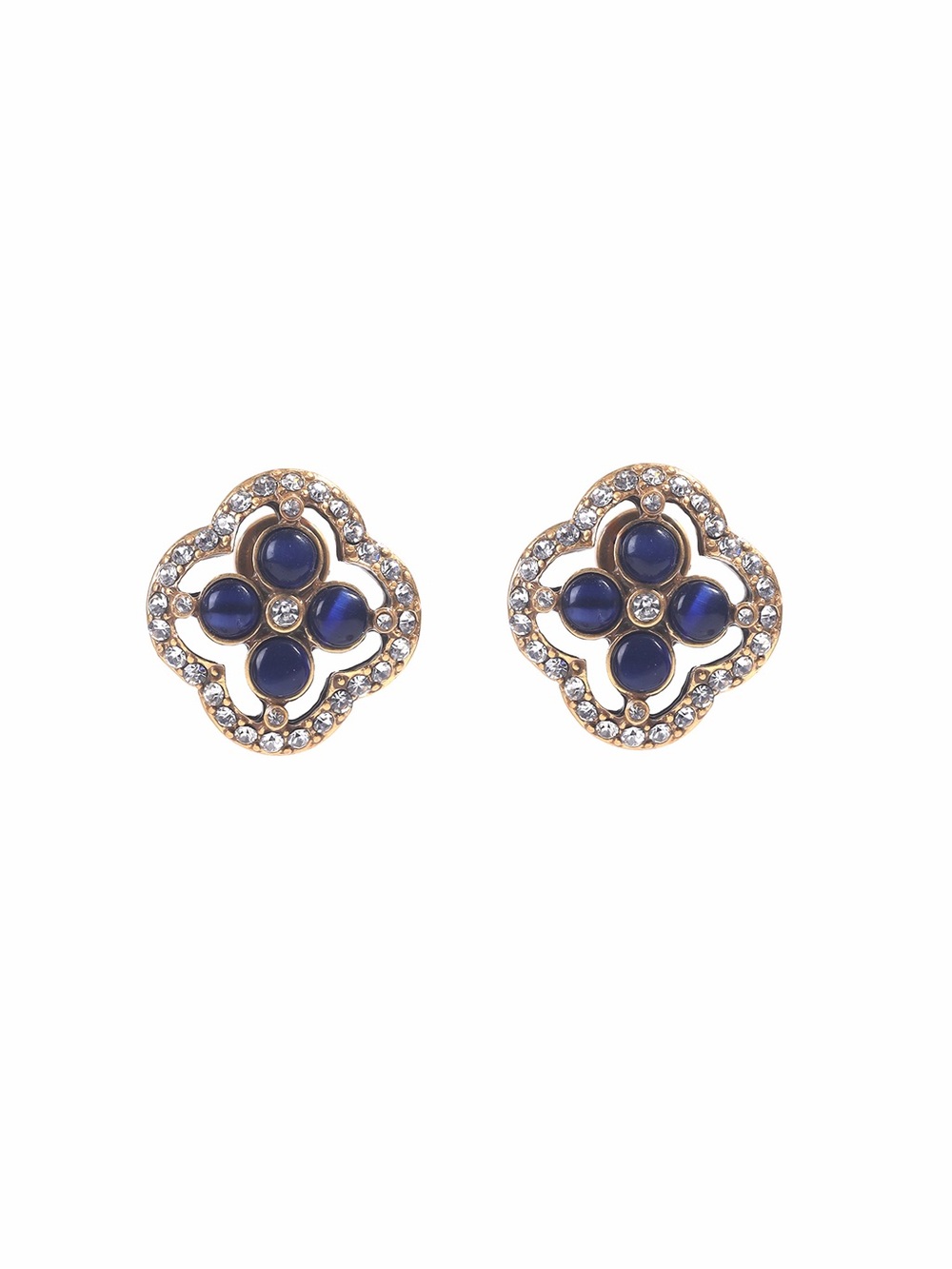 Gold-Tone Navy Crystal Floral Stud Earrings